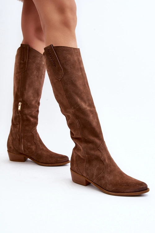 Zazoo 3427 Damskie Zamszowe Kozaki Kowbojki Brązowe