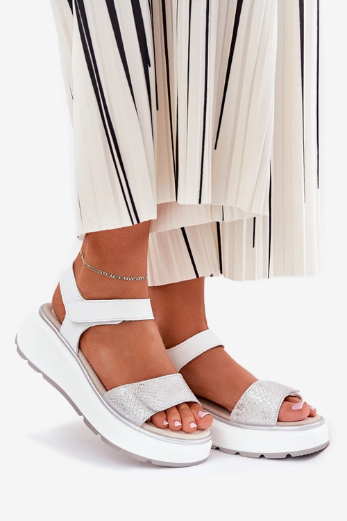 Skórzane Sandały Damskie Platformie I Koturnie Na Rzep S.Barski LR51-543 Srebrne