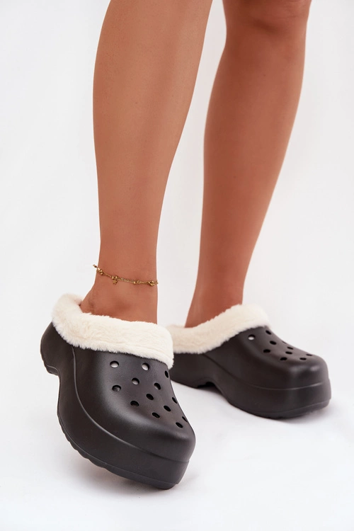 Piankowe Klapki Damskie Ocieplane Futerkiem Czarne Palvine