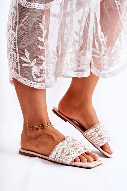 Damskie Klasyczne Klapki Z Perłami Beżowe Calipso