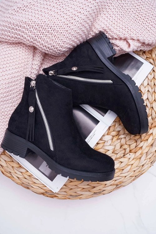 Botki Damskie Ciepłe Zamszowe Dwa Suwaki Czarne Ohoo