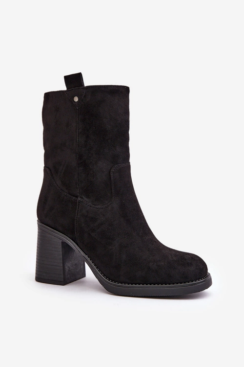 Botki Damskie Ocieplane Na Obcasie Słupku Eko Zamszowe Czarne Vellinga