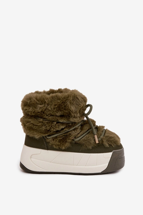 Śniegowce Damskie Na Masywnej Platformie Z Wiązaniem I Futerkiem Ciemnozielone Kalivira