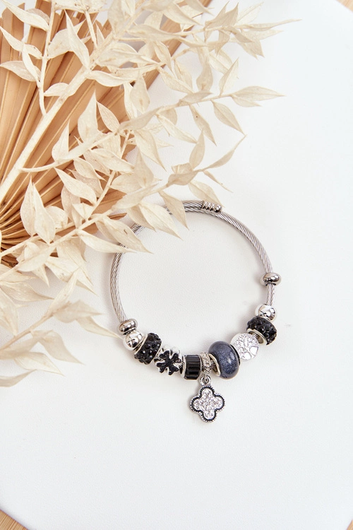 Stalowa Bransoletka Z Charmsami Srebrno-Czarna