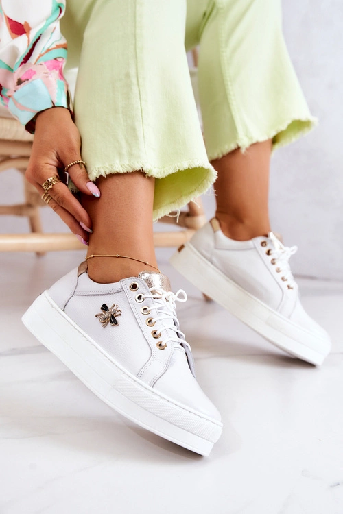 Skórzane Buty Sportowe Na Platformie Białe Bellisia