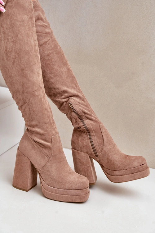 Kozaki Z Cholewką Za Kolano Na Słupku I Platformie Beżowe Nadelian