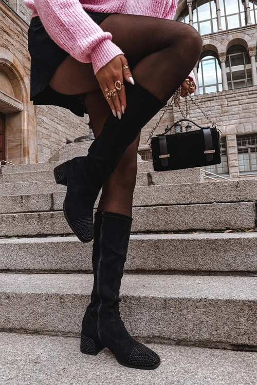 Kozaki Damskie Ze Zdobieniem Na Klocku Eko Zamszowe Czarne Ivanna