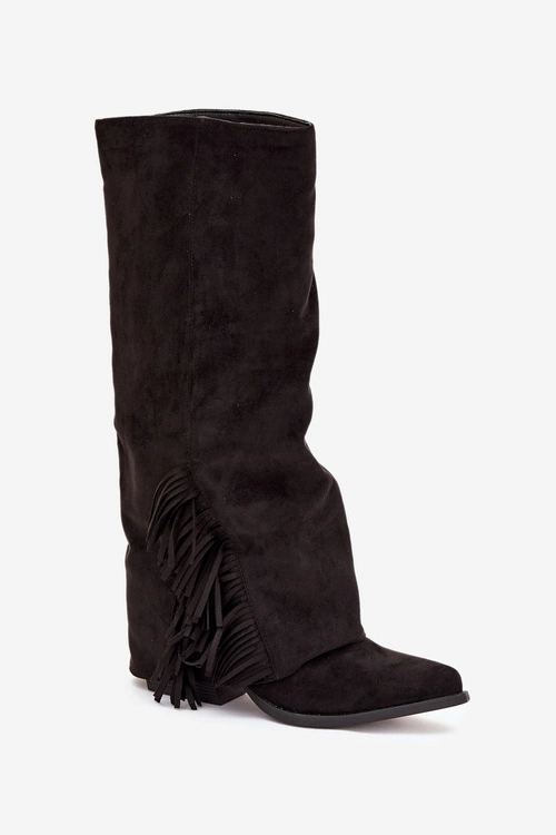 Wsuwane Kozaki Kowbojki Damskie Na Słupku Z Frędzlami Czarne Zalia