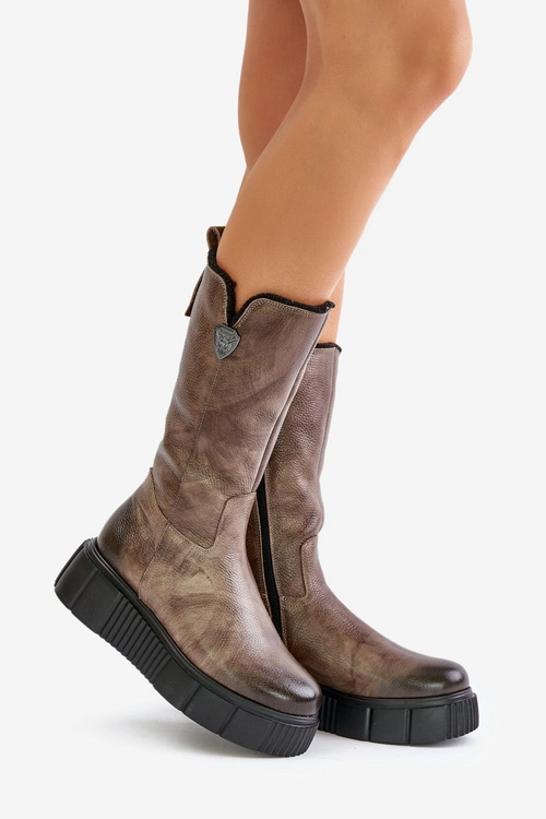 Zazoo 70121 Skórzane Damskie Kozaki Z Wełną Brązowe