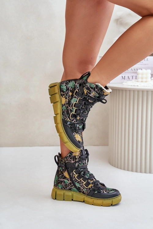 Skórzane Płaskie Sznurowane Botki Maciejka 06158-07 Żółto-Czarne