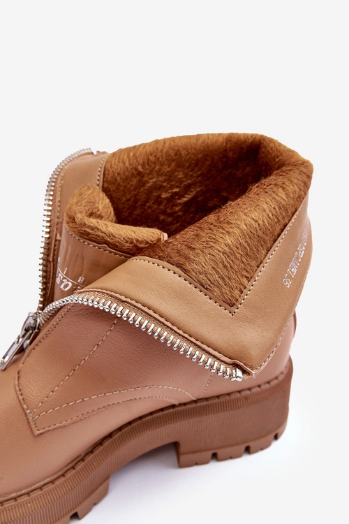 Skórzane Botki Na Płaskim Obcasie Z Suwakiem Camel Vimal