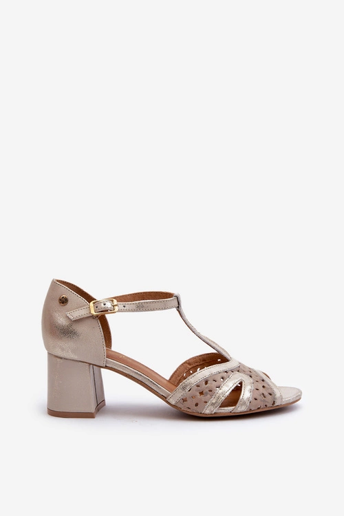 Sandały Skórzane Damskie Na Obcasie Maciejka 06551-04 Beżowo-Złote