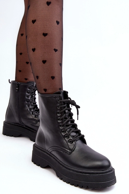 Damskie Sznurowane Botki Workery Na Grubej Podeszwie Czarne Biancis