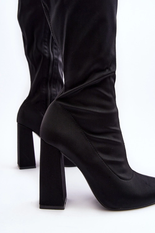 Damskie Kozaki Przed Kolano Na Słupku Czarne Fatuma