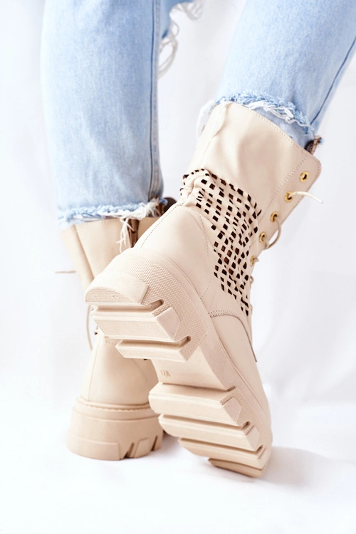 Damskie Skórzane Ażurowe Botki Trapery Beżowe Small Hootie