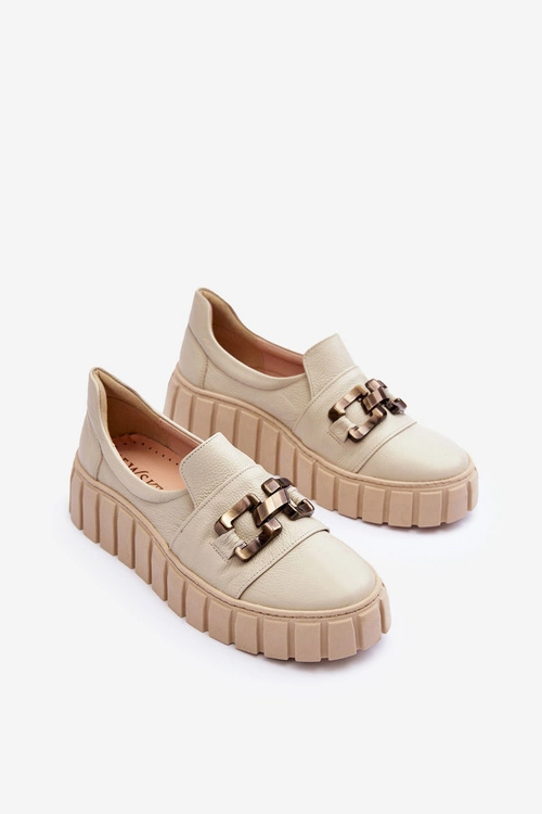 Skórzane Półbuty Damskie Na Platformie Z Ozdobą Beżowe Lewski 3398