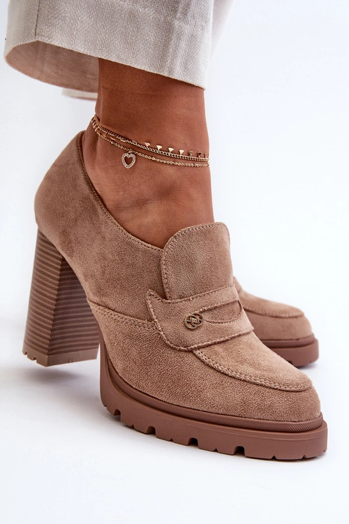 Półbuty Damskie Eko Zamszowe Na Słupku Beżowe Larmaves