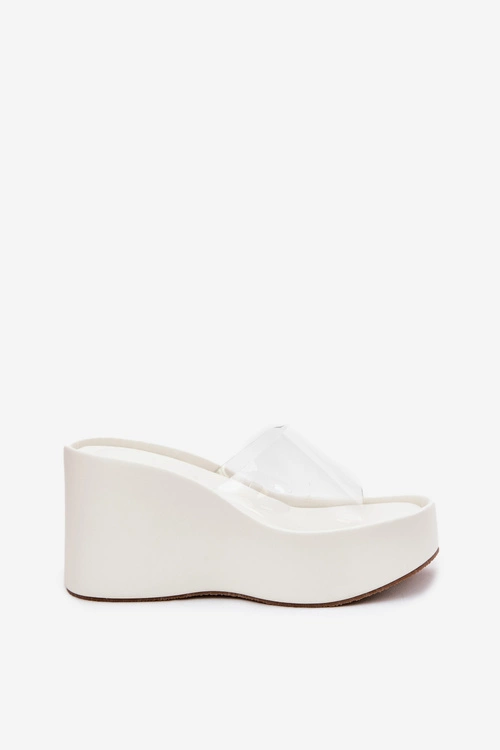 Klapki Damskie Na Koturnie Z Transparentnym Paskiem Białe Zolretia