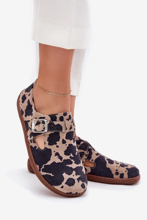 Zamszowe Półbuty Barefoot Damskie Z Klamrą Łaty Zazoo N1261 Brązowo-Beżowe