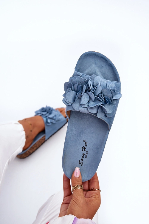 Klapki Damskie Na Korkowej Platformie Z Eko Zamszu Niebieskie Jaihini