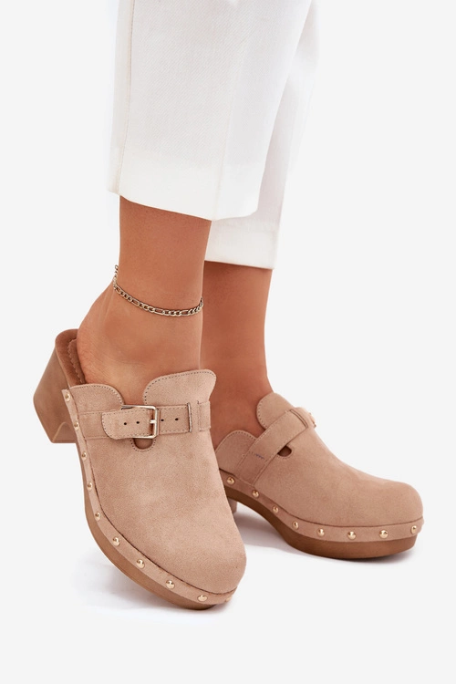 Klapki Chodaki Damskie Na Obcasie Z Klamrą Beżowe Veldexina