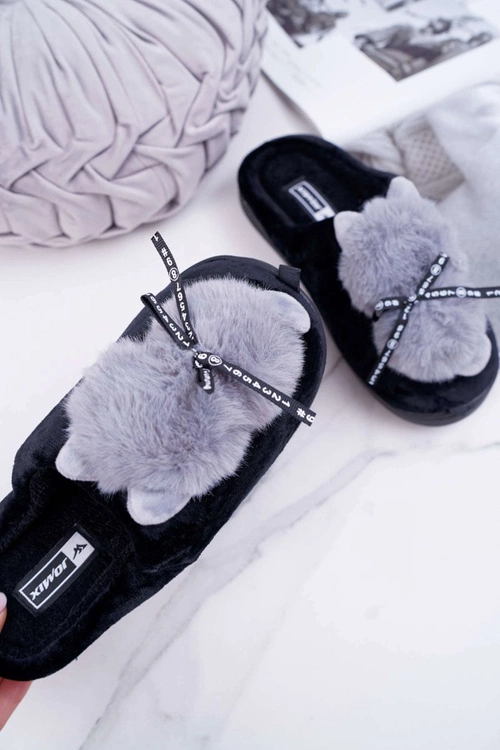 Papcie Damskie Z Futerkiem Kotek Czarne Kitty