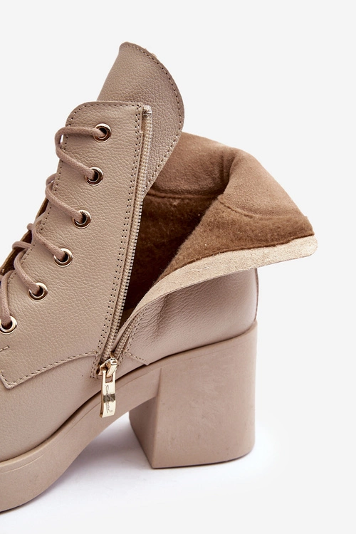 Skórzane Botki Damskie Na Słupku Beżowe Lemar Leocera