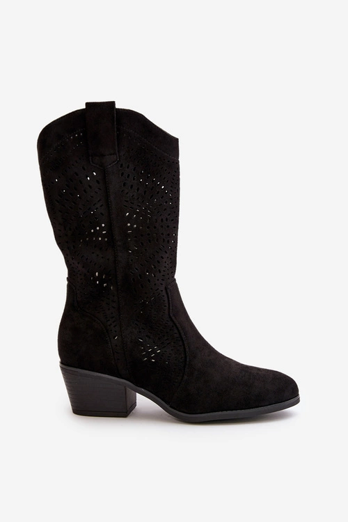 Ażurowe Damskie Botki Kowbojki Na Obcasie Czarne Iceda