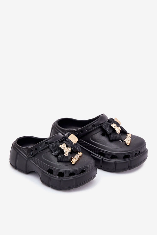 Klapki Dziecięce Dziewczęce Piankowe Z Kokardką I Ozdobami Czarne Selvana