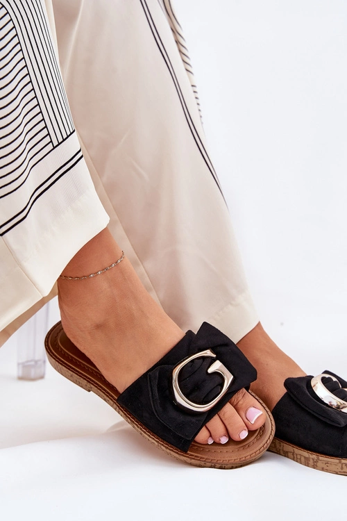 Płaskie Klapki Damskie Z Ozdobnym Detalem Czarne Nellodra