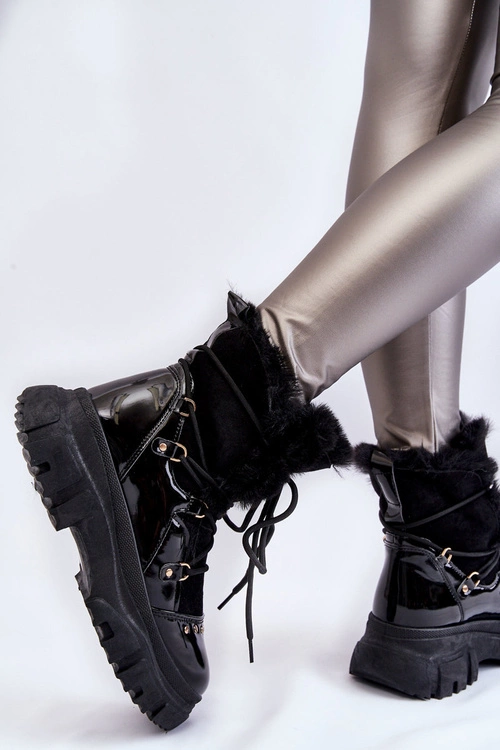 Damskie Botki Z Futerkiem Sznurowane Czarne Merron