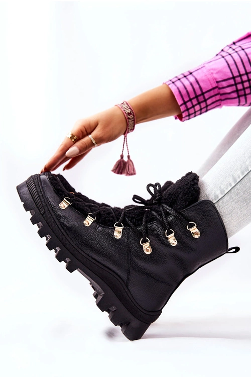 Ocieplane Skórzane Botki Trapery Czarne Cateline