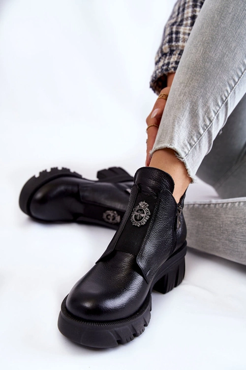 Damskie Skórzane Botki Z Ozdobą Czarne Maley