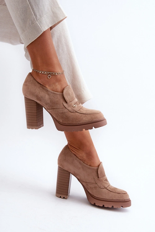 Półbuty Damskie Eko Zamszowe Na Słupku Beżowe Larmaves