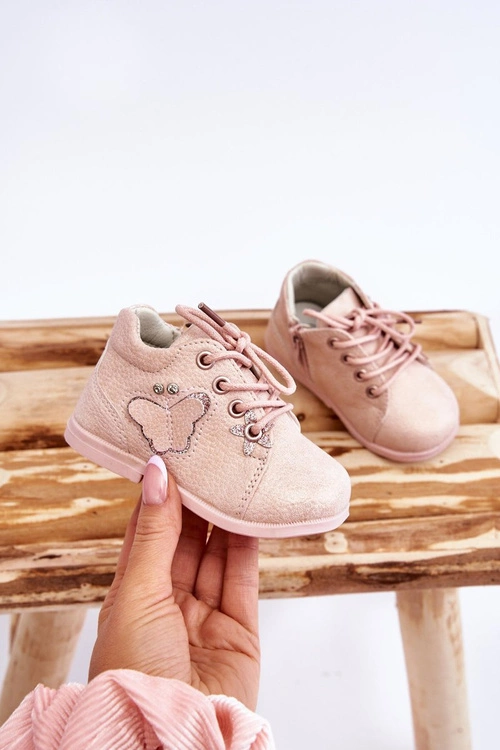 Skórzane Botki Sznurowane Z Motylkiem Różowe Avi