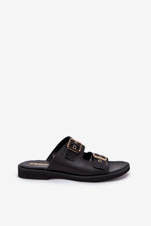 Skórzane Płaskie Klapki Z Klamrami Zazoo 3020 Czarne