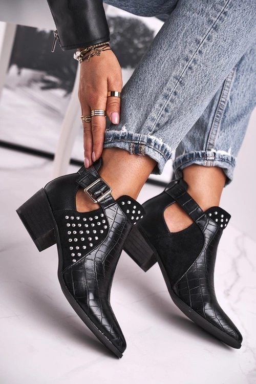 Damskie Botki Na Obcasie Klamra Czarne Rontra