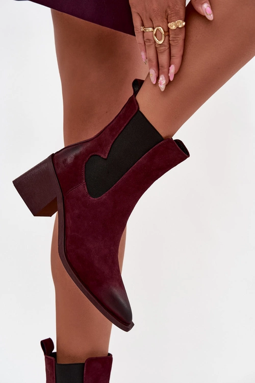 Skórzane Zamszowe Botki Damskie Na Słupku Ocieplane Artiker 57C0048 Bordowe