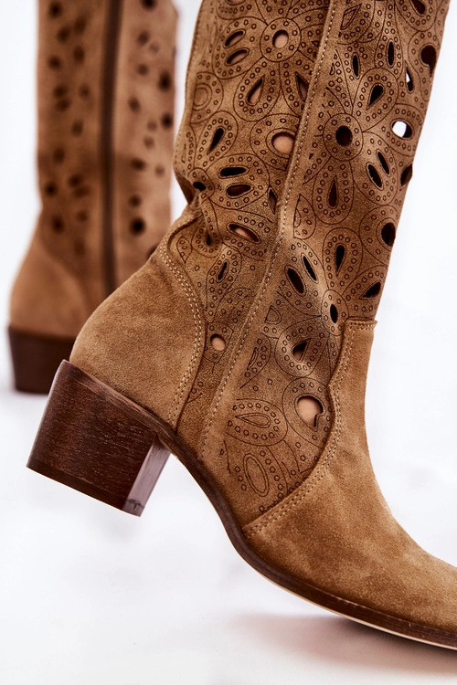 Ażurowe Kozaki Zamszowe Lewski Shoes 3170 Beżowe