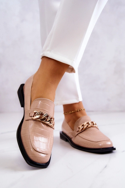 Skórzane Mokasyny Loafery Z Łańcuchem Beżowe Killen