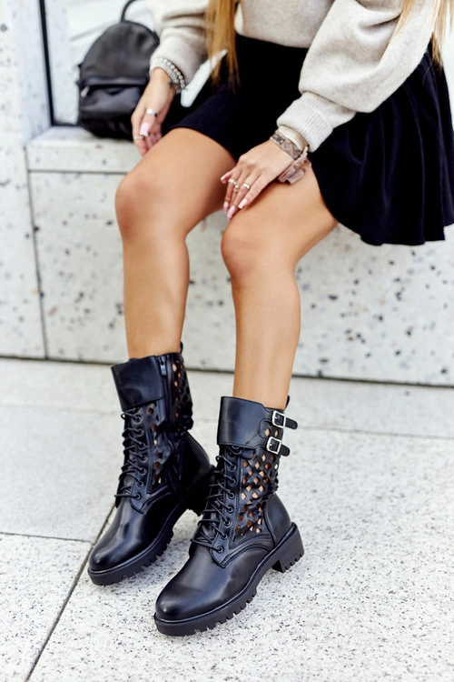 Skórzane Ażurowe Botki Czarne Menie