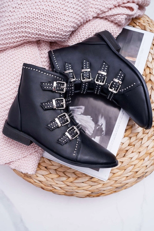 Damskie Botki Nity Klamry Czarne Berugio