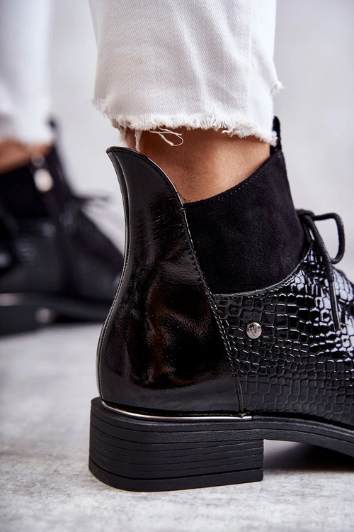 Lakierowane Ocieplane Botki Sznurowane Czarne Cathrine