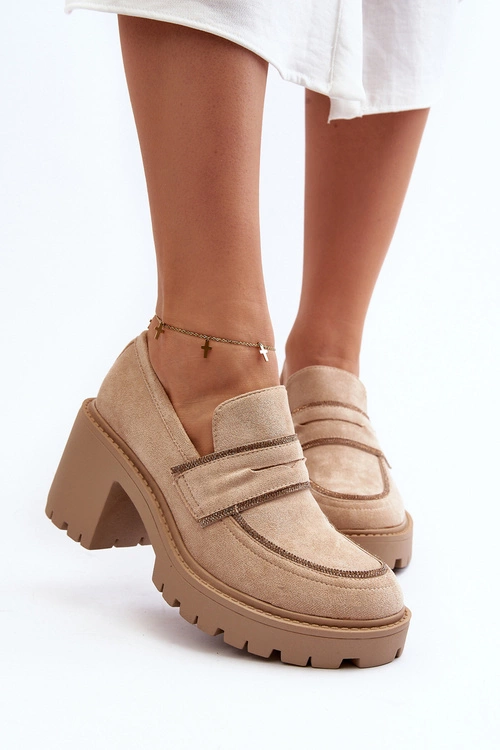 Damskie Półbuty Na Masywnym Obcasie Beżowe Feneli