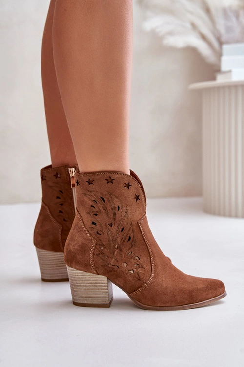 Ażurowe Botki Kowbojki Zamszowe Na Słupku Lewski 3613 Brązowe