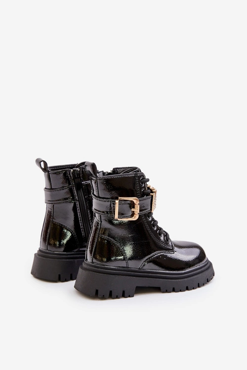 Botki Dziewczęce Lakierowane Ocieplane Z Ozdobnym Paskiem Czarne Gilian
