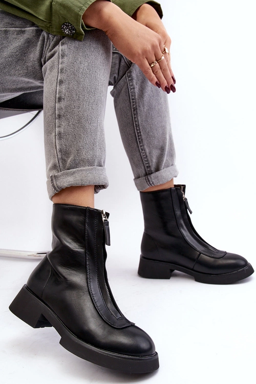 Damskie Botki Na Płaskim Obcasie Z Suwakiem Czarne Elkasa