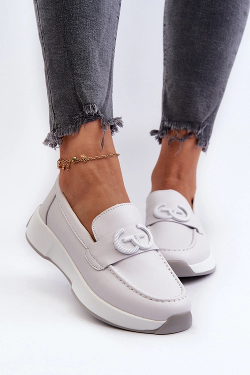 Skórzane Mokasyny Damskie Na Platformie Jasnoszare S.Barski LR490