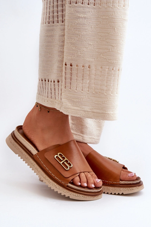 Zazoo 50101 Klapki Damskie Skórzane Na Platformie Brązowe