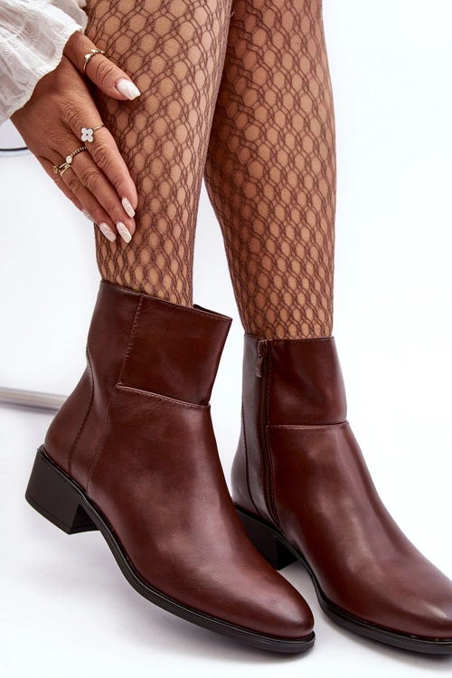 Damskie Skórzane Botki Na Suwak Brązowe Semotti